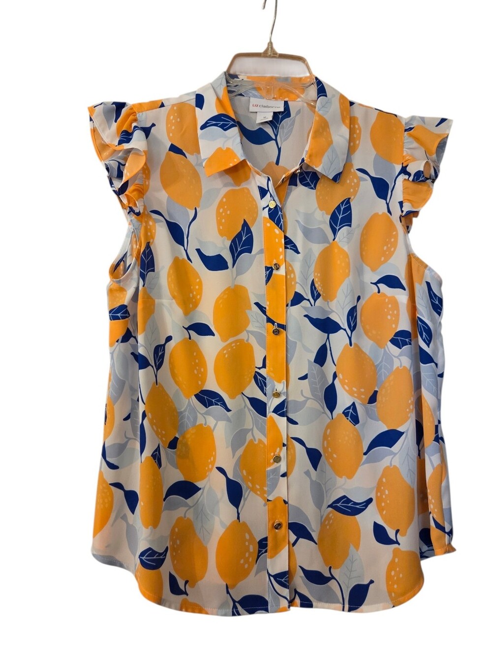 Liz Claiborne Flutter Sleeve Button Down Top Lemon Print Simmer Vaca Size Medium